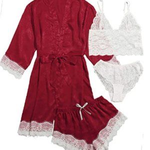 Burgundy 4 Pieces Satin Floral Lace Lingerie Pajama Set with robe